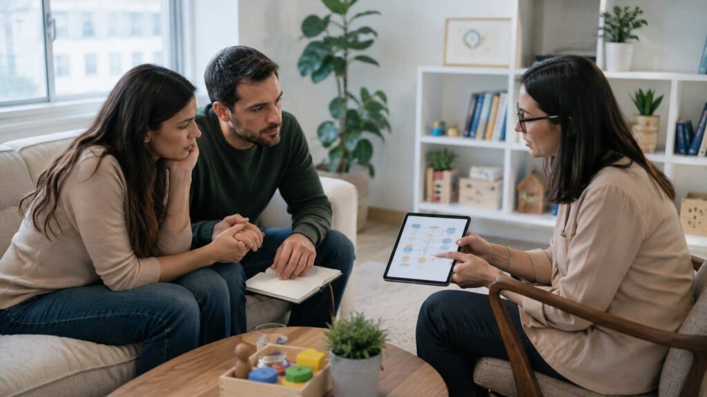 Parents grieving an autism diagnosis while speaking with a developmental specialist in a bright, supportive healthcare office.
