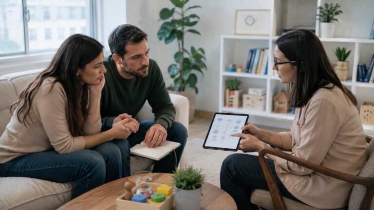 Parents grieving an autism diagnosis while speaking with a developmental specialist in a bright, supportive healthcare office.